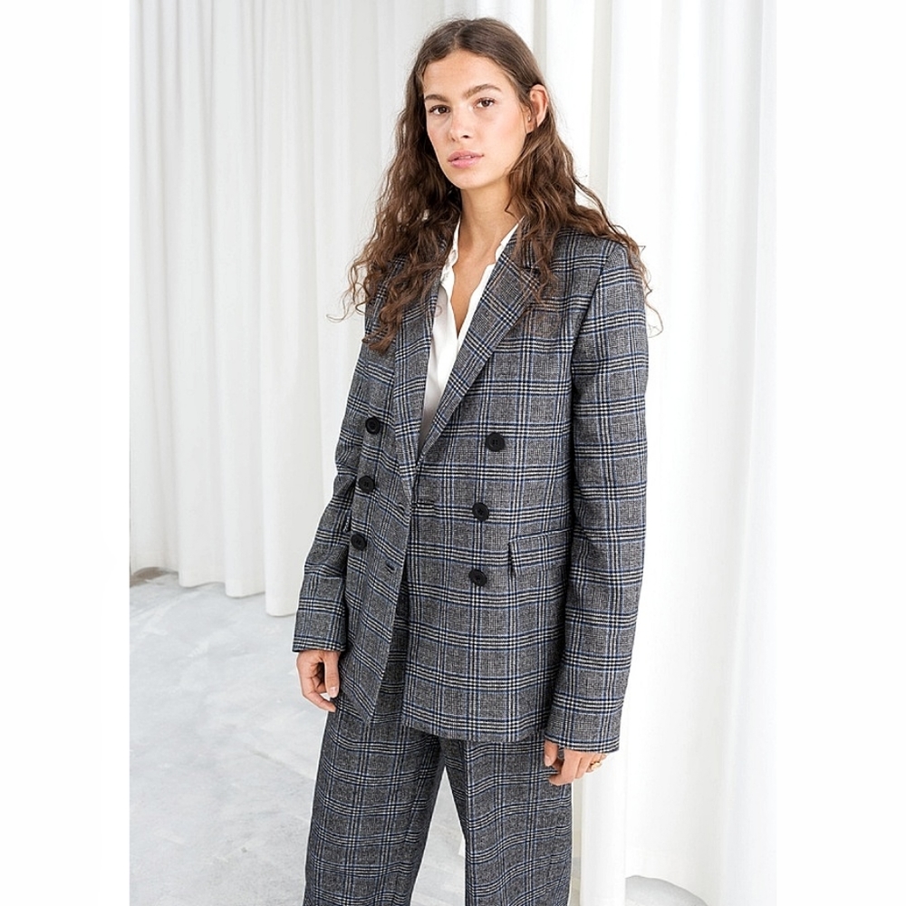 & Other Stories Gray Plaid Double-Breasted Blazer with Black Buttons